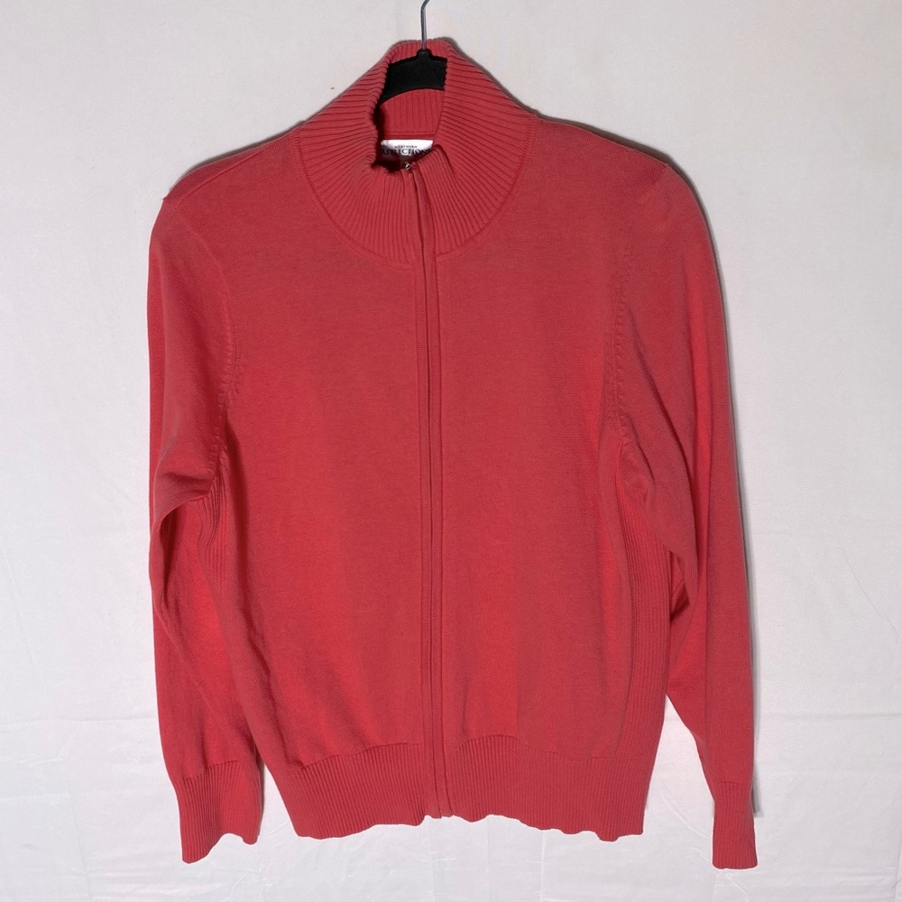 Northern Reflections Coral Cotton Full Zip Mock Neck Light Sweater Cardigan L